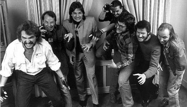 Photo of Craig Spector, Joe R. Lansdale. Richard Christian Matheson, David J. Schow, Ray Garton, Robert McCammon and John Skipp in 1986 by Beth Gwinn
