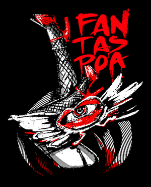Fantaspoa film festival poster abstract art of a woman's legs and legs and eye, black background with red writing