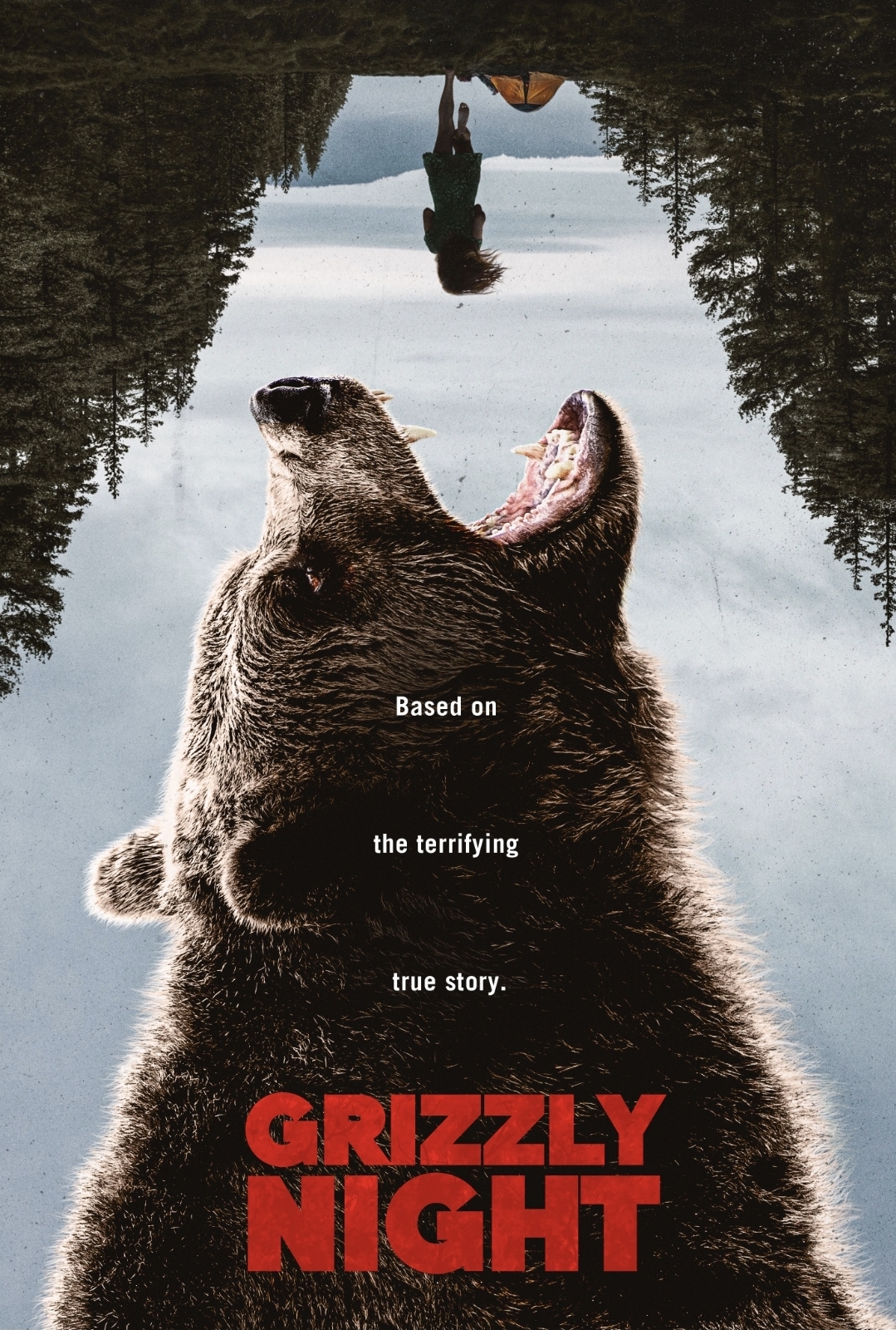 The image shows the movie poster for Grizzly Night. It shows a bear looking to bite a human